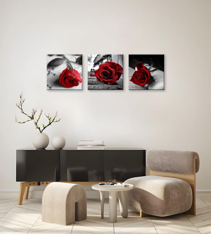 NAN Wind 3 Pcs Red Rose Canvas Art Black and White Red Wall Art Flower Picture Prints Stretched and Framed Triptych 12"X12" Floral Decor Canvas Art for Home Decor Living Room Bedroom - Image 4